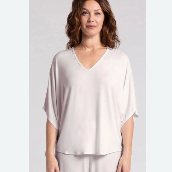 Sympli White V-Neck Bamboo Relaxed Fit Dolman 3/4 Sleeve Blouse Size Large - Picture 1 of 5